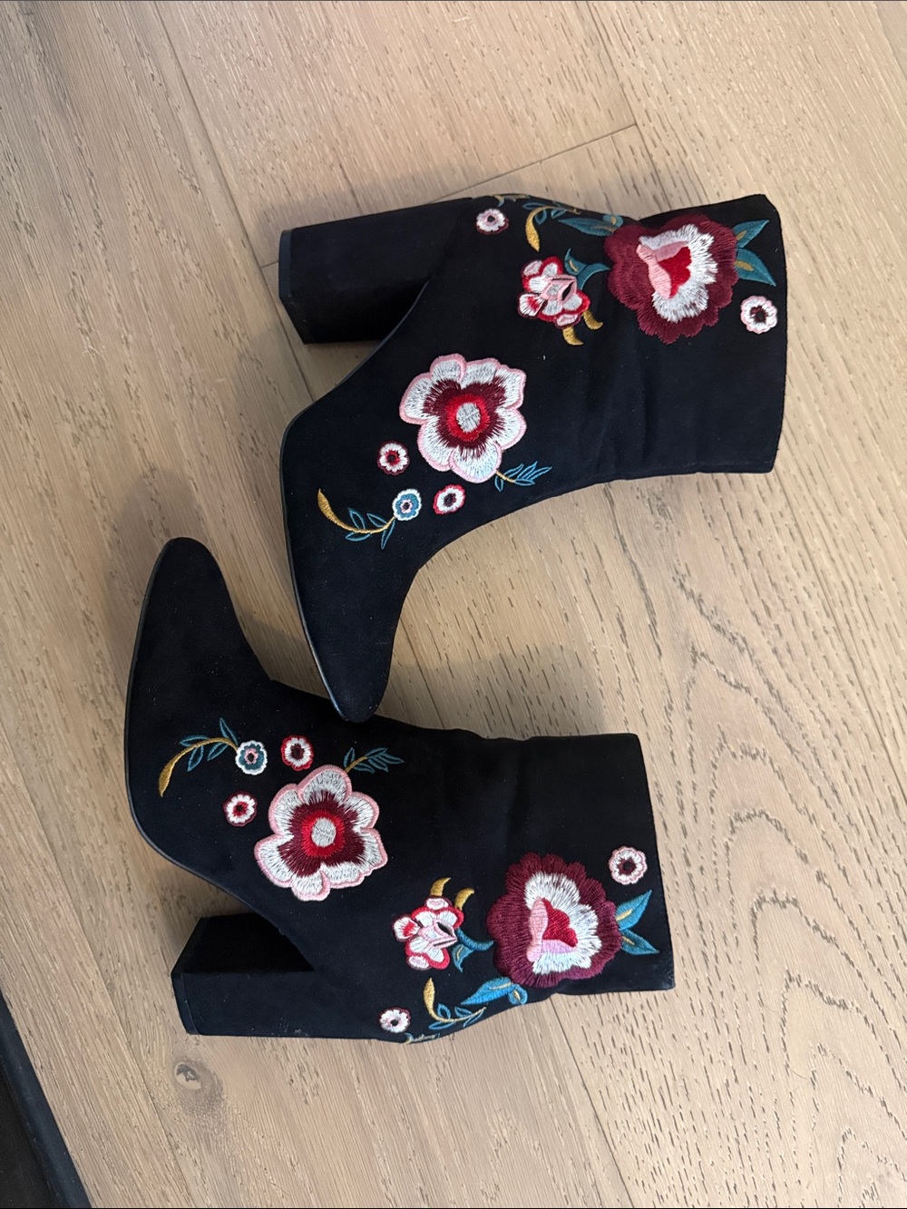 Express Black Suede Ankle Boots with Red & Pink Floral Embroidery